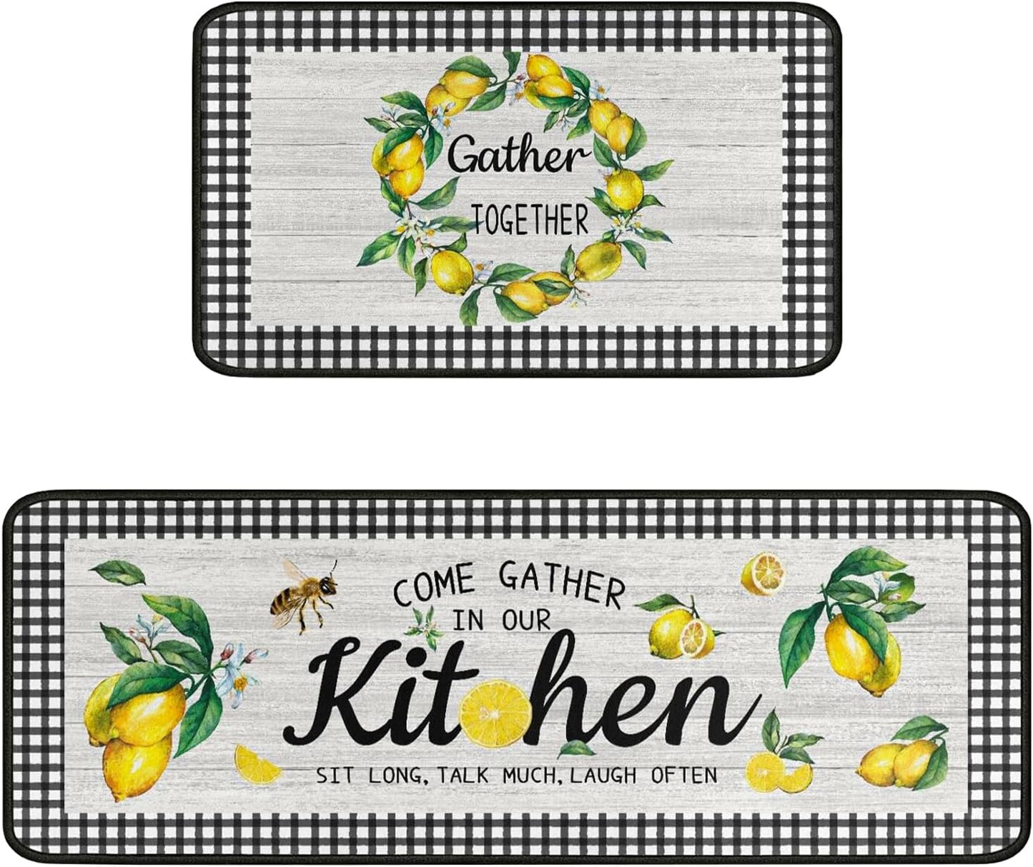 Lemon Kitchen Rug Mat Decor Buffalo Plaid Summer Kitchen Rugs Sets of 2 Washable Non-Slip Kitchen Floor Mats Lemon Decorations for Kitchen