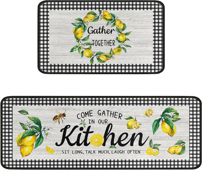 Lemon Kitchen Rug Mat Decor Buffalo Plaid Summer Kitchen Rugs Sets of 2 Washable Non-Slip Kitchen Floor Mats Lemon Decorations for Kitchen