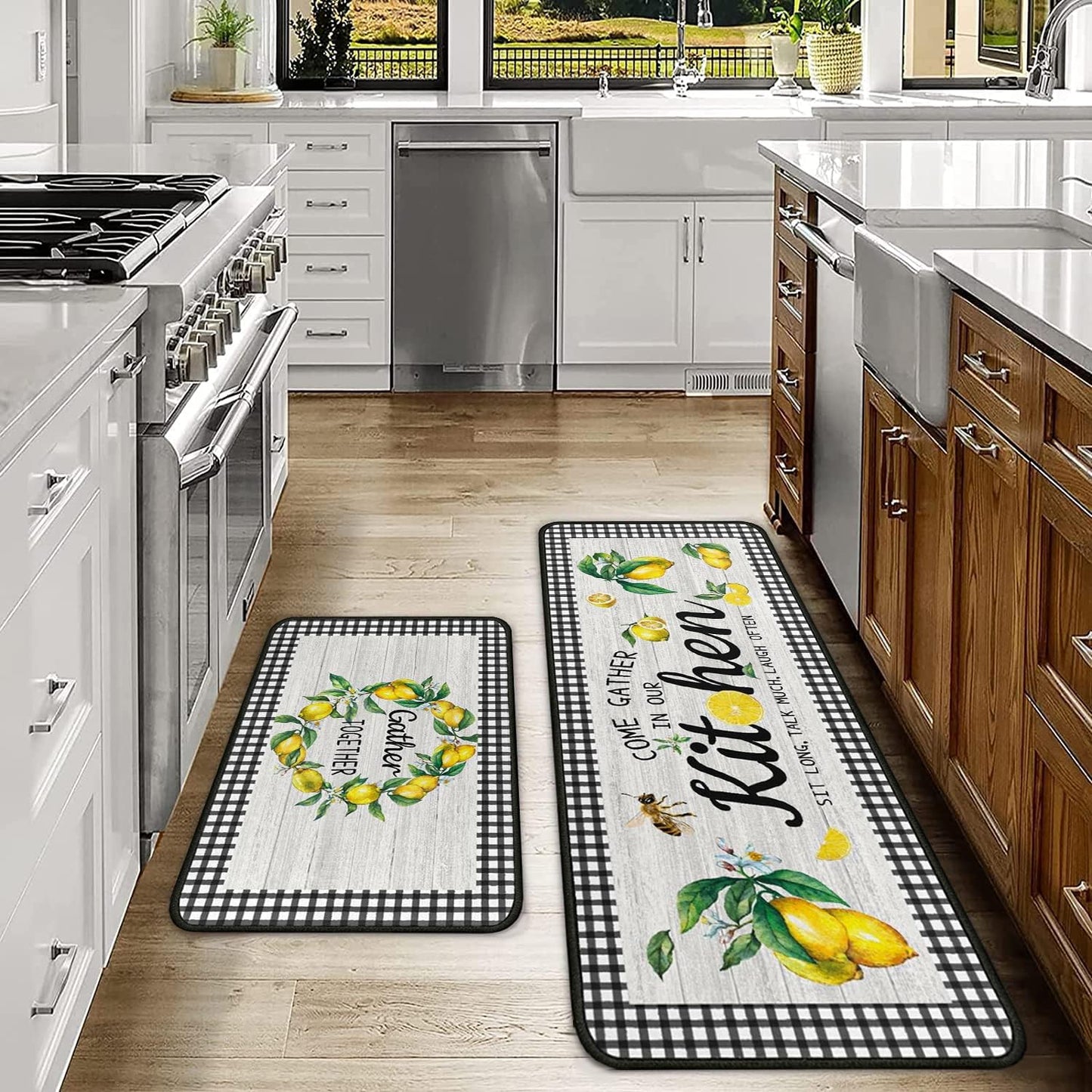 Lemon Kitchen Rug Mat Decor Buffalo Plaid Summer Kitchen Rugs Sets of 2 Washable Non-Slip Kitchen Floor Mats Lemon Decorations for Kitchen