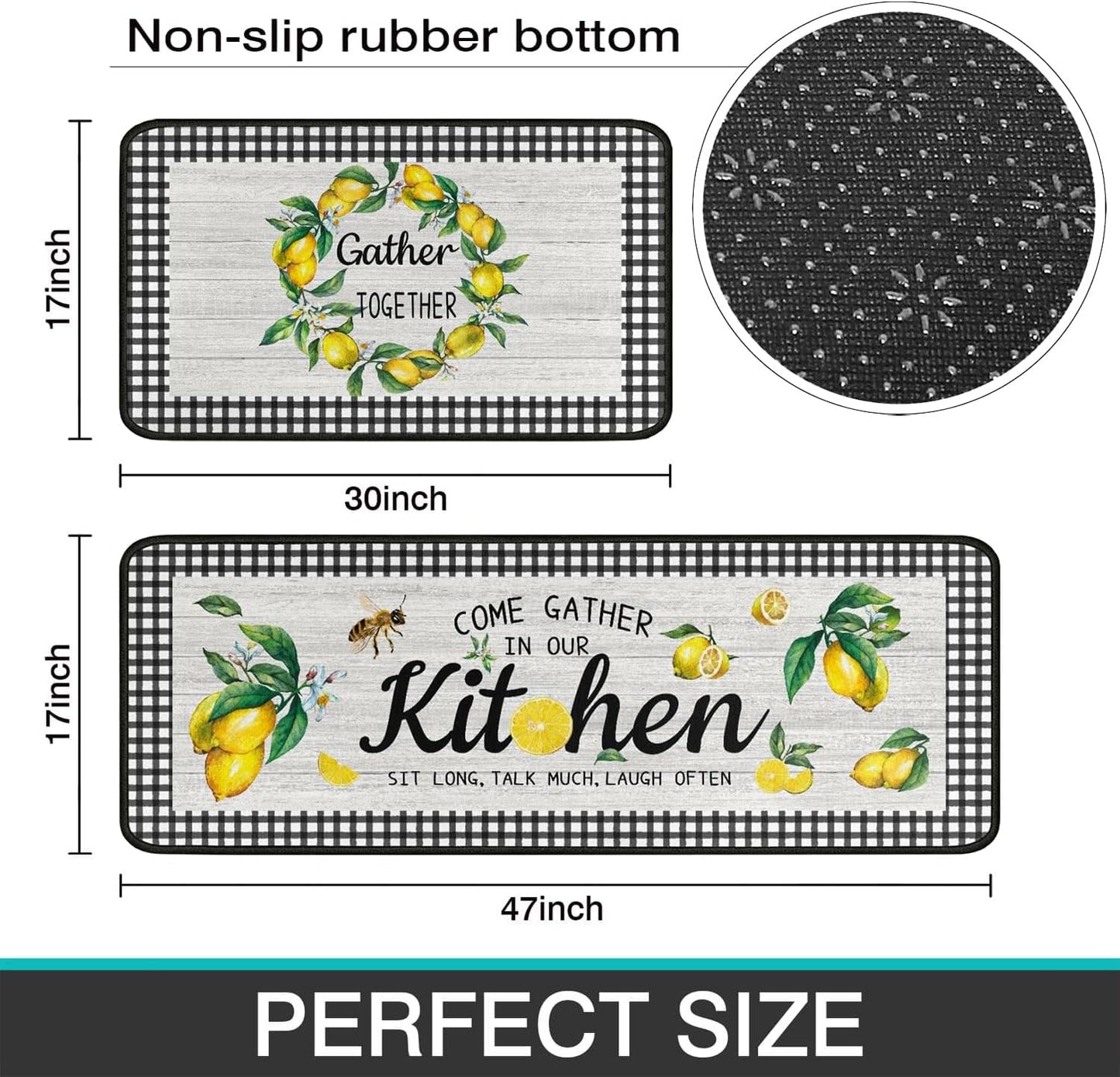 Lemon Kitchen Rug Mat Decor Buffalo Plaid Summer Kitchen Rugs Sets of 2 Washable Non-Slip Kitchen Floor Mats Lemon Decorations for Kitchen