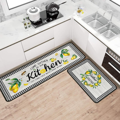 Lemon Kitchen Rug Mat Decor Buffalo Plaid Summer Kitchen Rugs Sets of 2 Washable Non-Slip Kitchen Floor Mats Lemon Decorations for Kitchen