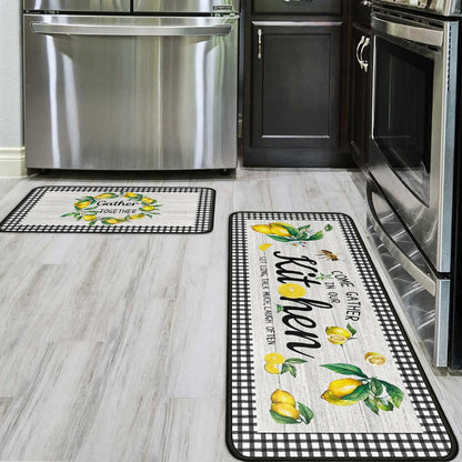 Lemon Kitchen Rug Mat Decor Buffalo Plaid Summer Kitchen Rugs Sets of 2 Washable Non-Slip Kitchen Floor Mats Lemon Decorations for Kitchen