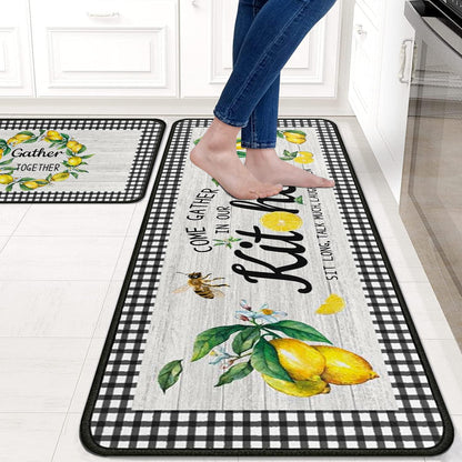 Lemon Kitchen Rug Mat Decor Buffalo Plaid Summer Kitchen Rugs Sets of 2 Washable Non-Slip Kitchen Floor Mats Lemon Decorations for Kitchen