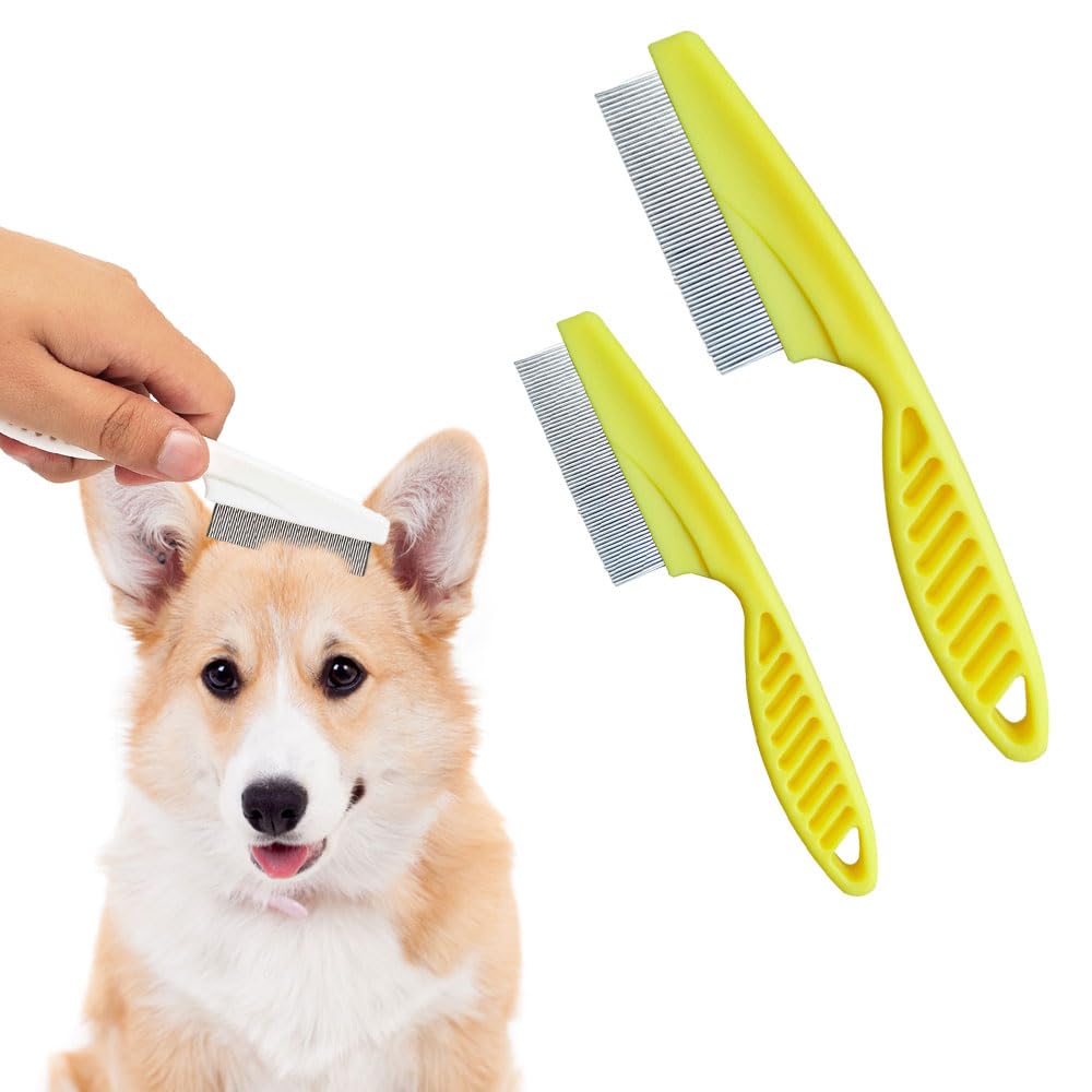 2 Pack Multifunctional Pet Comb, Upgrade Pet Grooming Brush Magic Tear Stain Removal Fine Tooth Stainless Massage Comb Kit for Puppies and Dogs (Yellow)