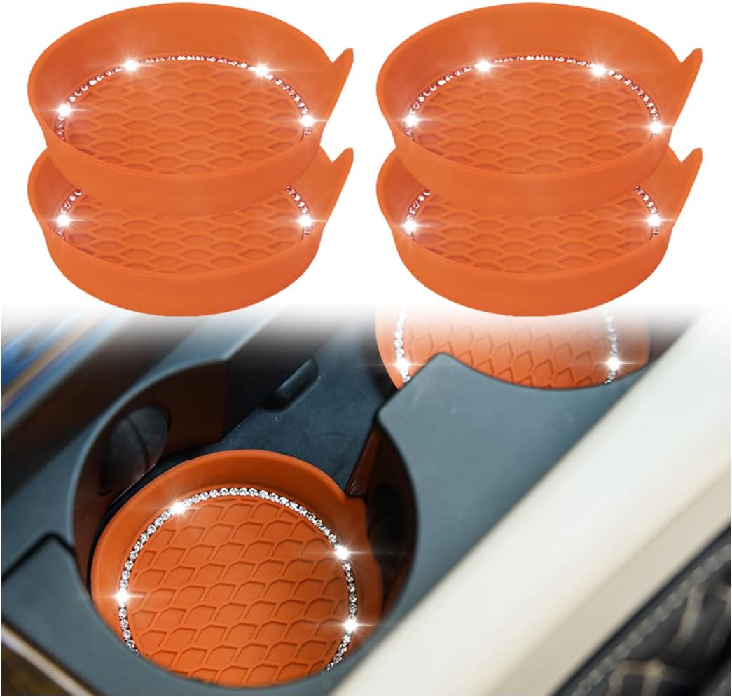 4PCS 3.15 Inch Rhinestone Cup Holder Coasters, Orange | soft rebound insert, wraparound spill edge, helps reduce impact noise, rinse-clean design, fits matching recesses