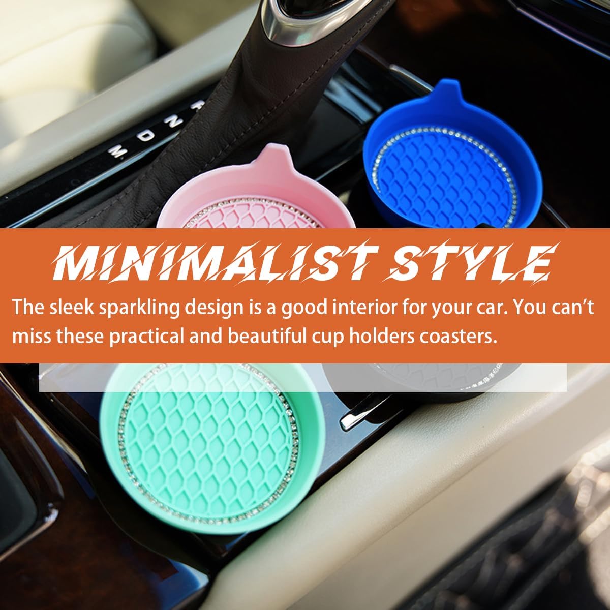 4PCS 3.15 Inch Rhinestone Cup Holder Coasters, Orange | soft rebound insert, wraparound spill edge, helps reduce impact noise, rinse-clean design, fits matching recesses