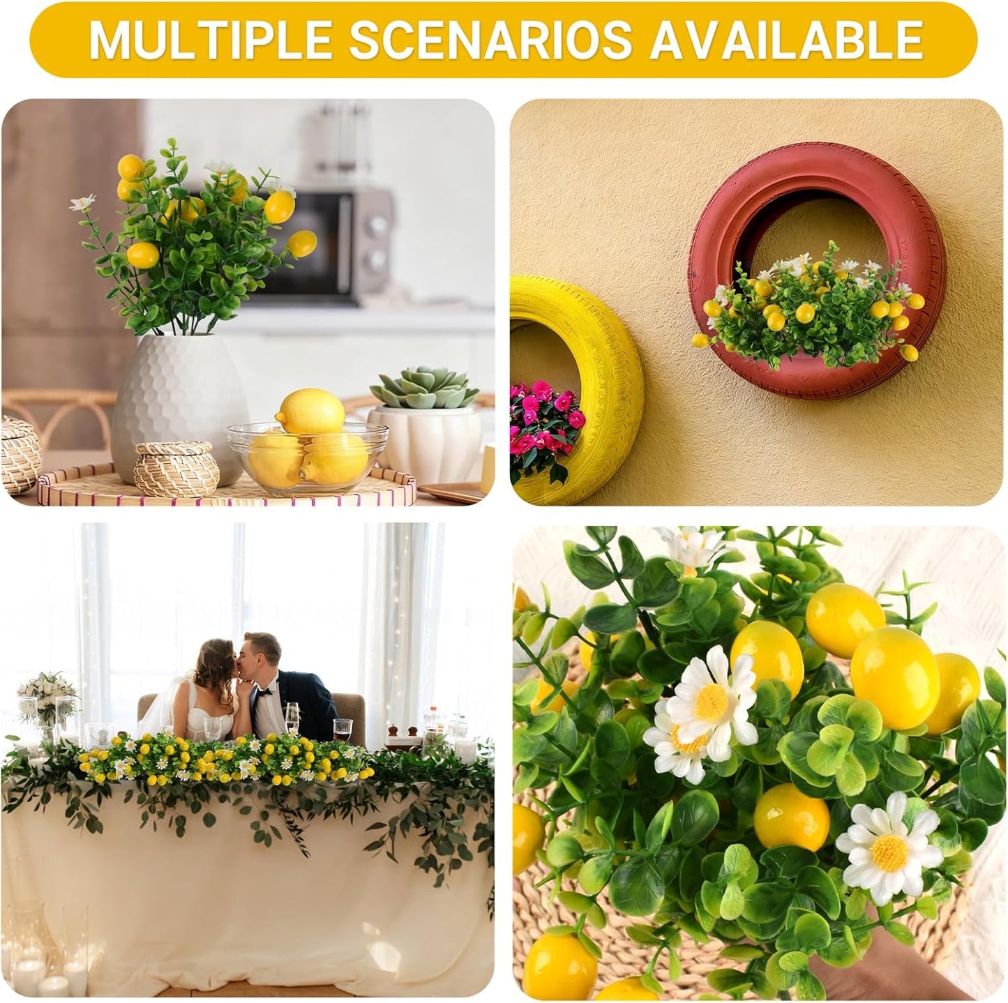 Artificial Lemon Branches, 4 Pcs Fake Lemon Greenery Plants for Wedding Party Table Centerpiece Home Kitchen Outdoor Decor