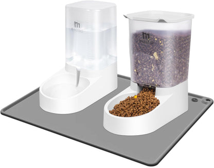 Dog Feeder and Water Dispenser, Automatic Gravity Dog Food Dispenser, Pet Food Dispenser Set for Small Medium Dogs Puppy Kitten (1 Gallon / 3.8L with Silicone Mat)