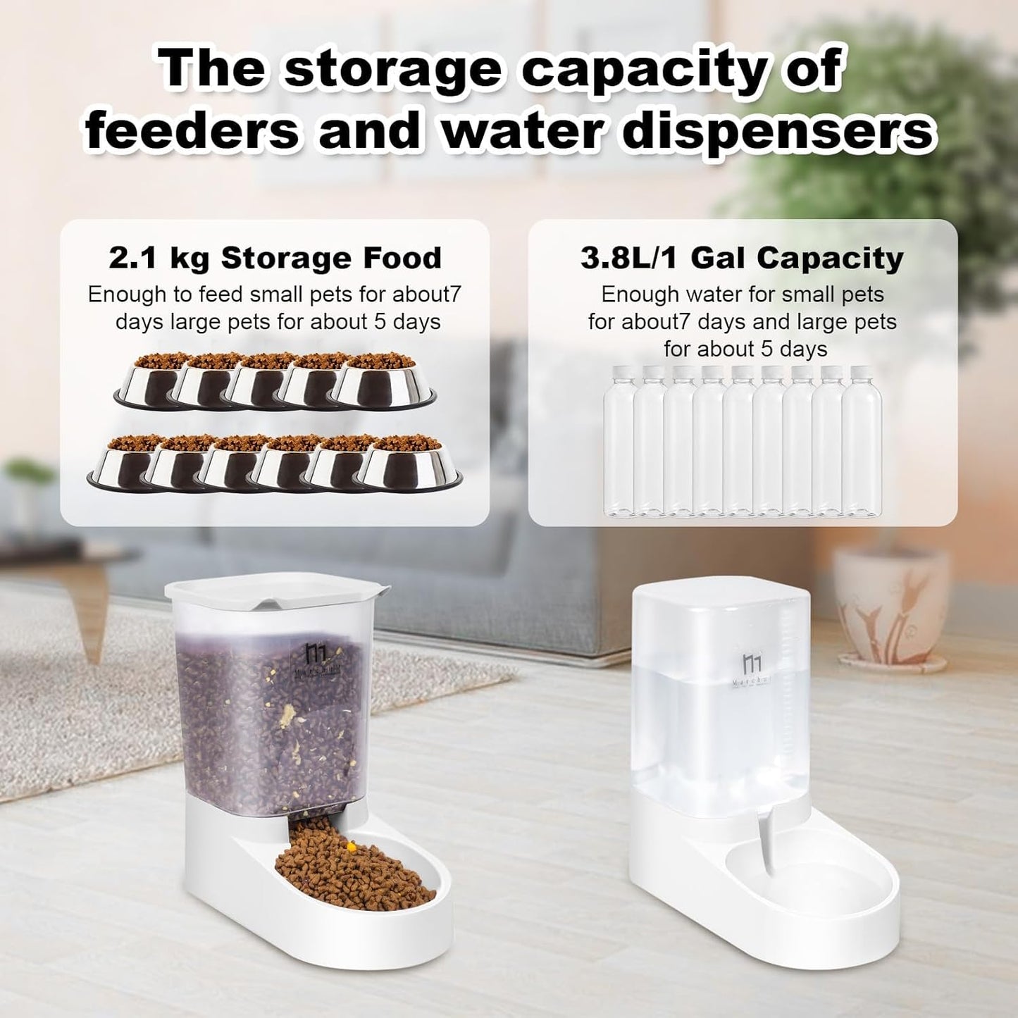 Dog Feeder and Water Dispenser, Automatic Gravity Dog Food Dispenser, Pet Food Dispenser Set for Small Medium Dogs Puppy Kitten (1 Gallon / 3.8L with Silicone Mat)