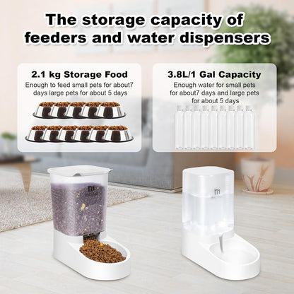 Dog Feeder and Water Dispenser, Automatic Gravity Dog Food Dispenser, Pet Food Dispenser Set for Small Medium Dogs Puppy Kitten (1 Gallon / 3.8L with Silicone Mat)