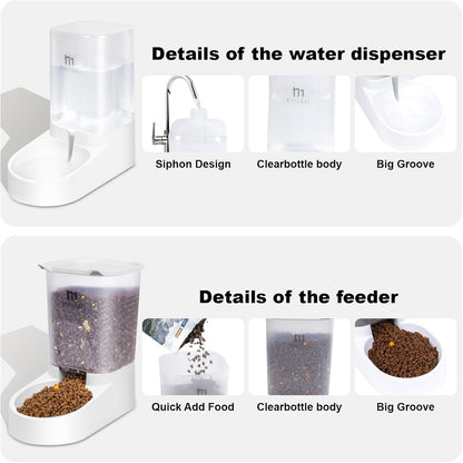 Dog Feeder and Water Dispenser, Automatic Gravity Dog Food Dispenser, Pet Food Dispenser Set for Small Medium Dogs Puppy Kitten (1 Gallon / 3.8L with Silicone Mat)