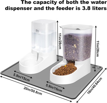 Dog Feeder and Water Dispenser, Automatic Gravity Dog Food Dispenser, Pet Food Dispenser Set for Small Medium Dogs Puppy Kitten (1 Gallon / 3.8L with Silicone Mat)
