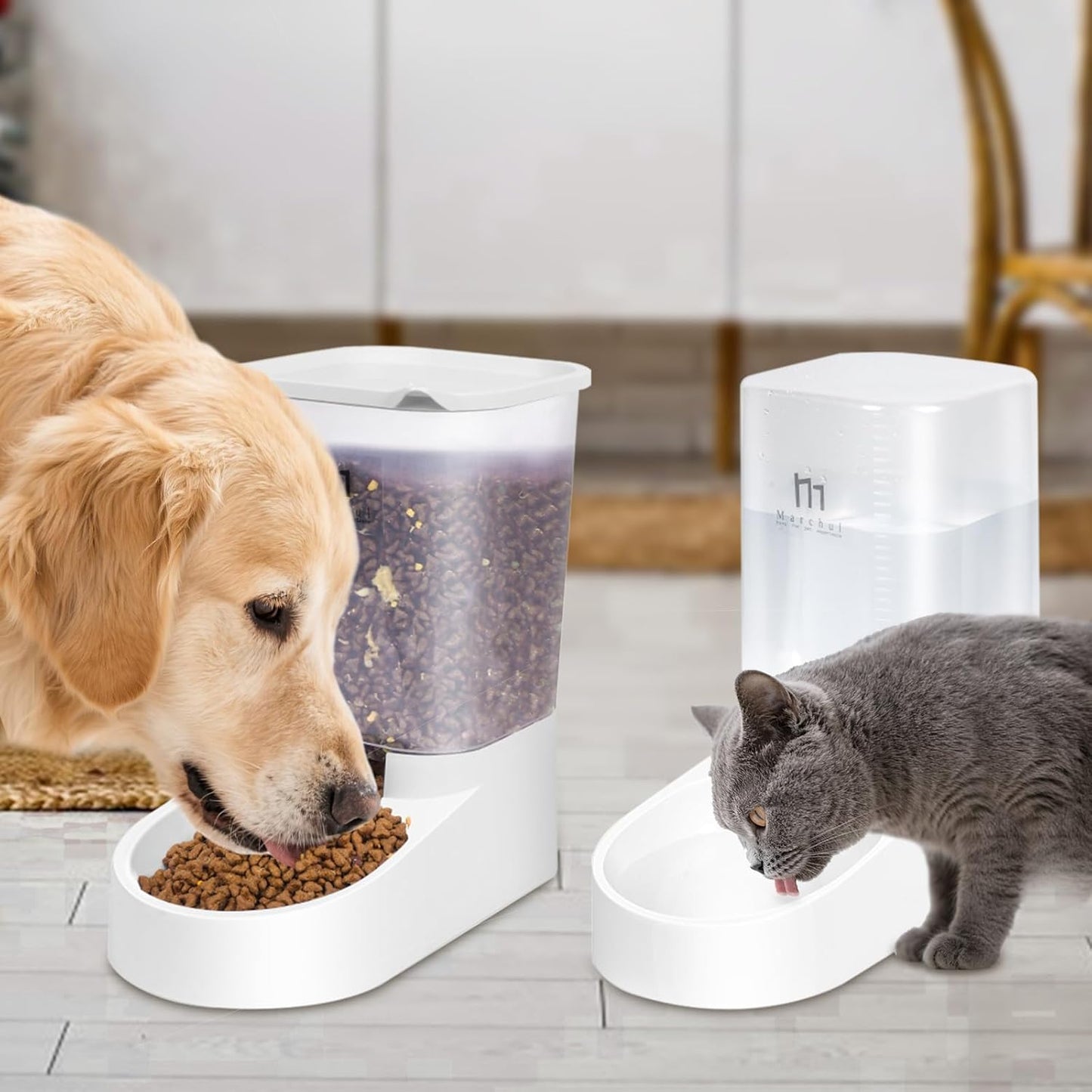 Dog Feeder and Water Dispenser, Automatic Gravity Dog Food Dispenser, Pet Food Dispenser Set for Small Medium Dogs Puppy Kitten (1 Gallon / 3.8L with Silicone Mat)
