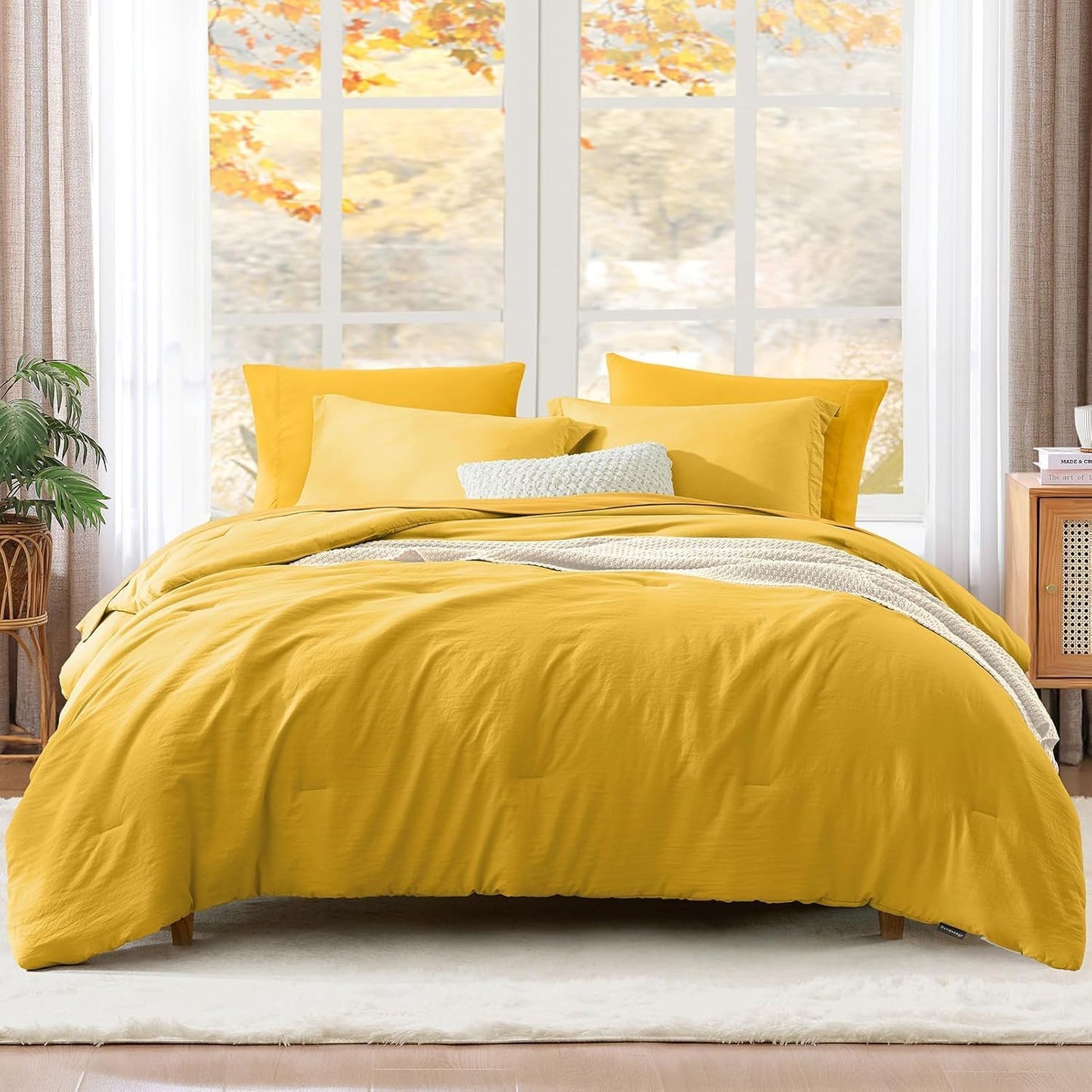 King Size Comforter Set- 7 Pieces Prewashed Bed in a Bag King Bedding Sets | Soft All Season Comforter with Sheets, Pillow Shams & Pillowcases,Yellow