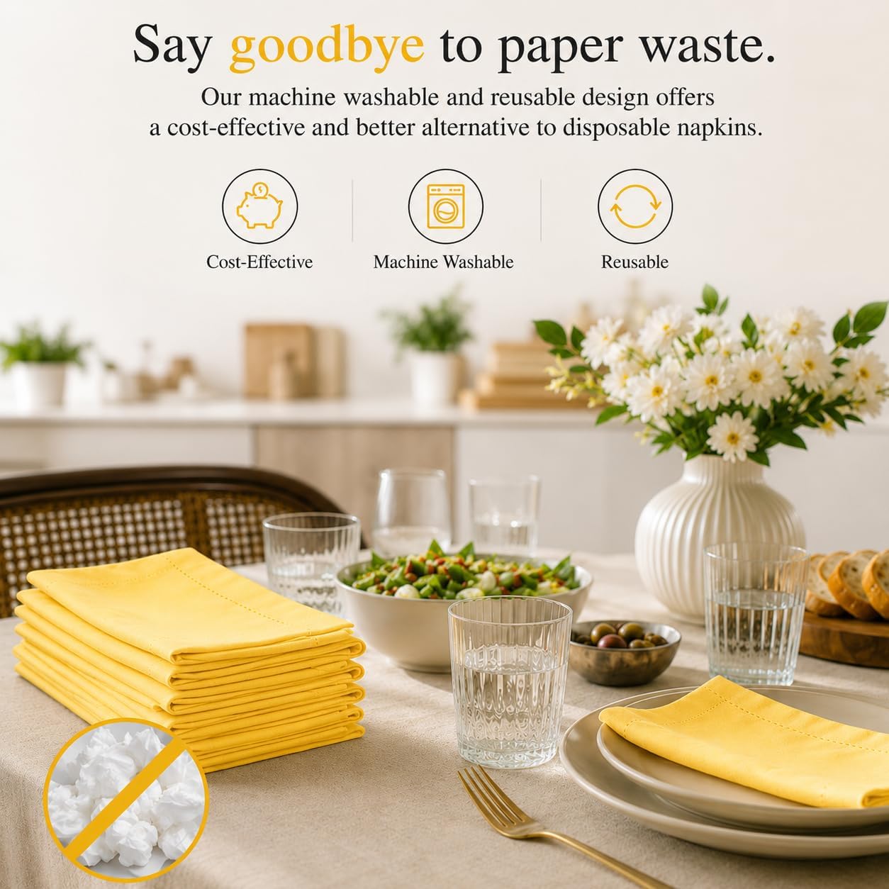 Cotton Cloth Napkins Set of 12, 18x18 Cotton Napkin Cloth Washable, Soft, Reusable Napkins for Wedding, Parties, Christmas, Thanksgiving, Everyday Use (Yellow)