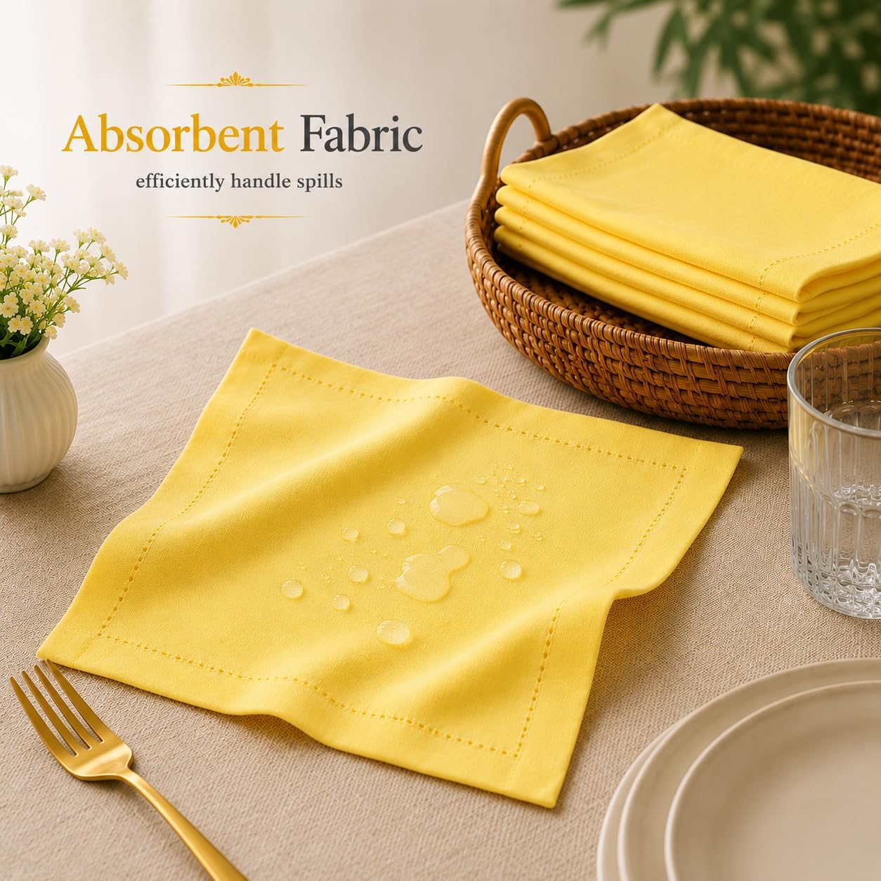 Cotton Cloth Napkins Set of 12, 18x18 Cotton Napkin Cloth Washable, Soft, Reusable Napkins for Wedding, Parties, Christmas, Thanksgiving, Everyday Use (Yellow)