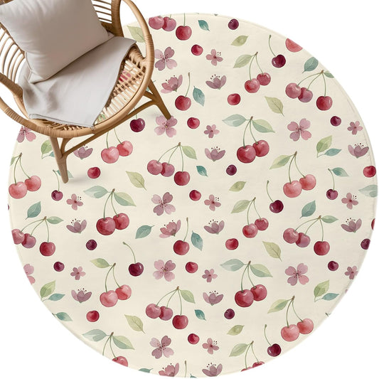 Round Area Rug 3ft, Summer Cherry Harvest Flower Circle Living Room Rug Non-Slip Rugs Indoor Carpet, Watercolor Fruit on Light Yellow Soft Comfort Rugs for Bedroom Kids Room