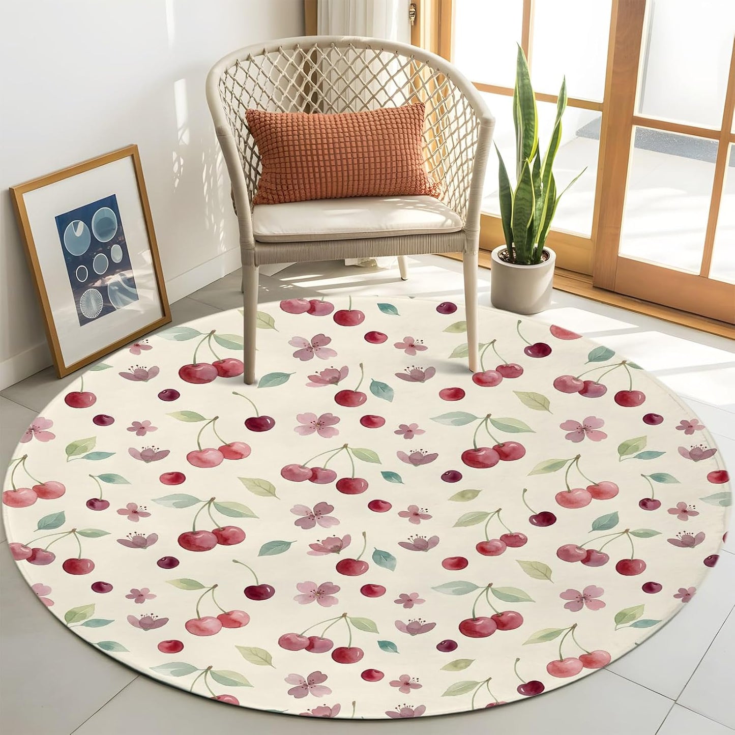 Round Area Rug 3ft, Summer Cherry Harvest Flower Circle Living Room Rug Non-Slip Rugs Indoor Carpet, Watercolor Fruit on Light Yellow Soft Comfort Rugs for Bedroom Kids Room