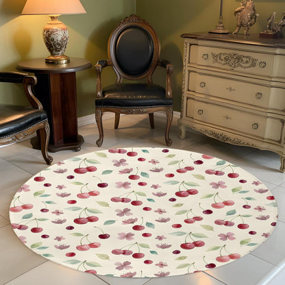 Round Area Rug 3ft, Summer Cherry Harvest Flower Circle Living Room Rug Non-Slip Rugs Indoor Carpet, Watercolor Fruit on Light Yellow Soft Comfort Rugs for Bedroom Kids Room