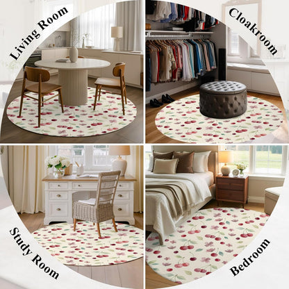 Round Area Rug 3ft, Summer Cherry Harvest Flower Circle Living Room Rug Non-Slip Rugs Indoor Carpet, Watercolor Fruit on Light Yellow Soft Comfort Rugs for Bedroom Kids Room