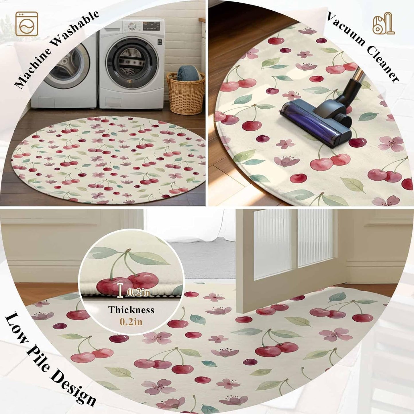 Round Area Rug 3ft, Summer Cherry Harvest Flower Circle Living Room Rug Non-Slip Rugs Indoor Carpet, Watercolor Fruit on Light Yellow Soft Comfort Rugs for Bedroom Kids Room