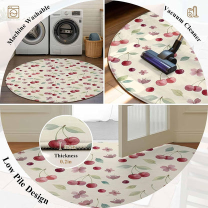 Round Area Rug 3ft, Summer Cherry Harvest Flower Circle Living Room Rug Non-Slip Rugs Indoor Carpet, Watercolor Fruit on Light Yellow Soft Comfort Rugs for Bedroom Kids Room