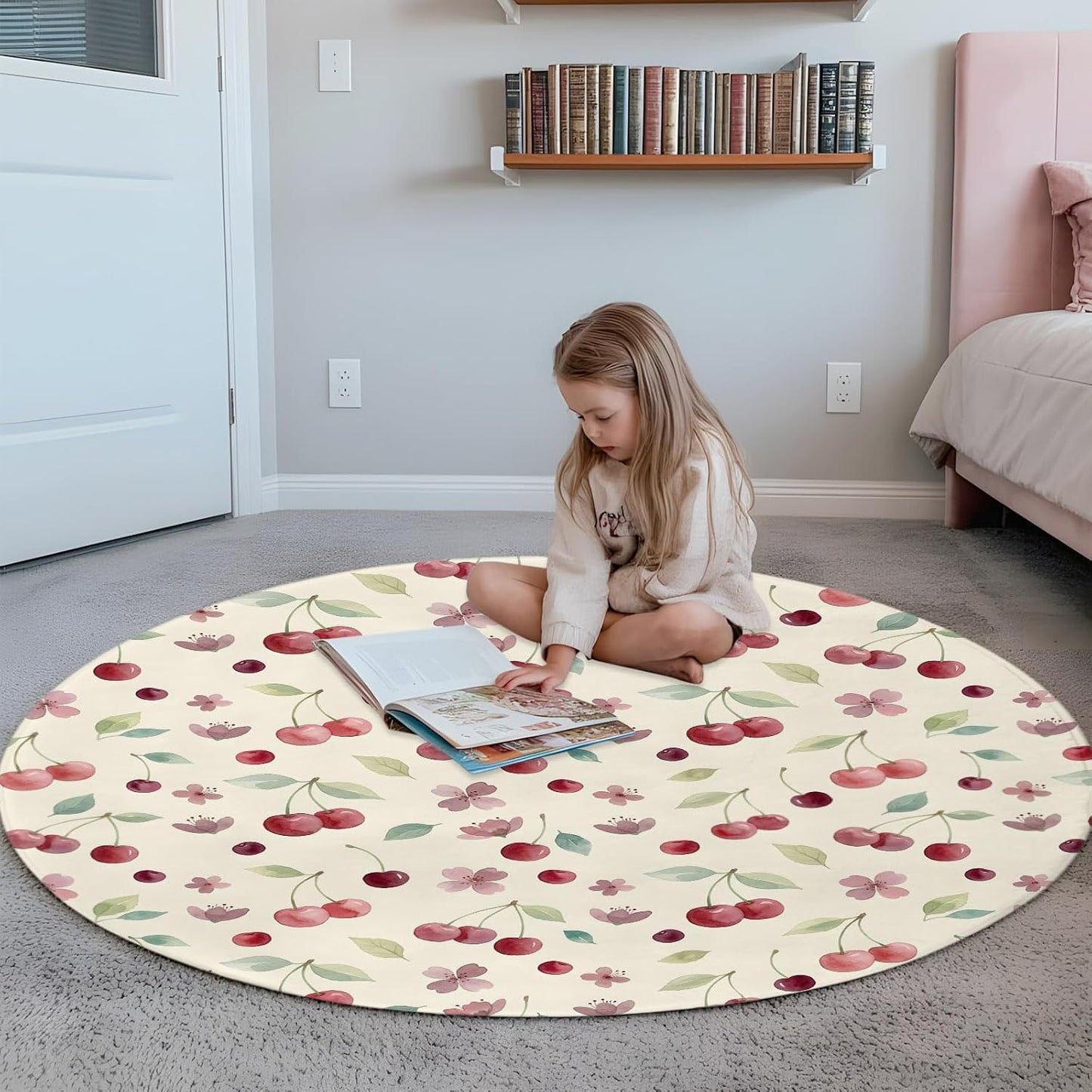 Round Area Rug 3ft, Summer Cherry Harvest Flower Circle Living Room Rug Non-Slip Rugs Indoor Carpet, Watercolor Fruit on Light Yellow Soft Comfort Rugs for Bedroom Kids Room