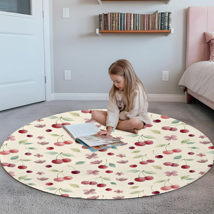 Round Area Rug 3ft, Summer Cherry Harvest Flower Circle Living Room Rug Non-Slip Rugs Indoor Carpet, Watercolor Fruit on Light Yellow Soft Comfort Rugs for Bedroom Kids Room
