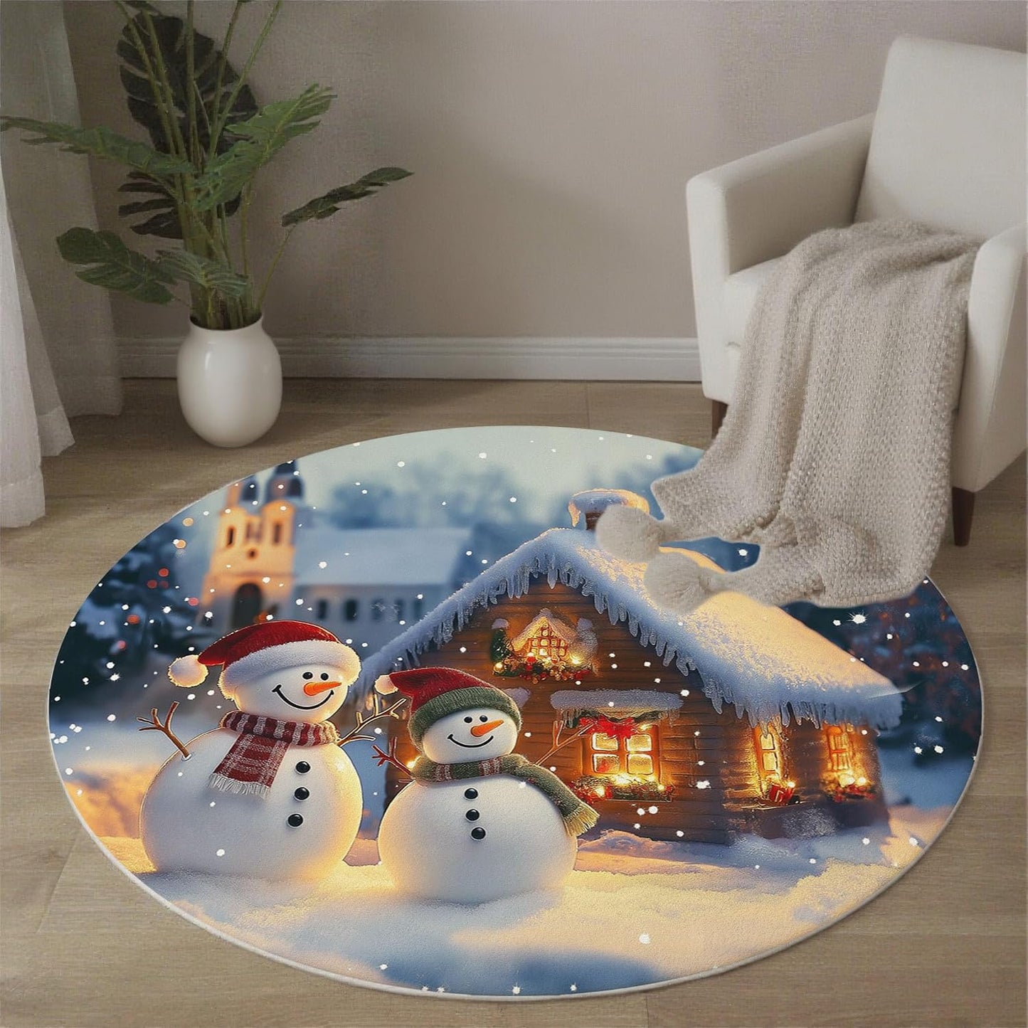 Round Area Rug 3Ft Winter Theme, Washable Yellow Blue Rug for Bedroom, Low-Pile Soft Round Carpet for Living Room, Ideal for High Traffic Areas in Entryway