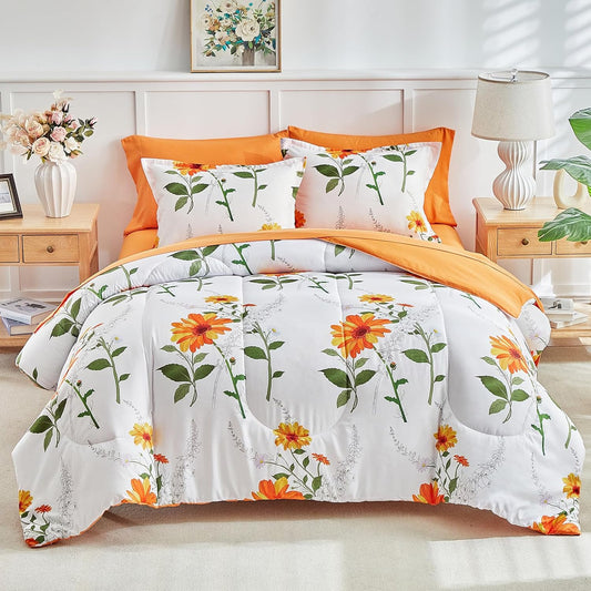 7 Piece Bed in a Bag King, Floral Comforter Sheet Set, Orange n Yellow Flowers on White Design, All Season Microfiber Bedding Comforter Set