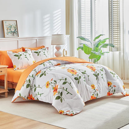 7 Piece Bed in a Bag King, Floral Comforter Sheet Set, Orange n Yellow Flowers on White Design, All Season Microfiber Bedding Comforter Set