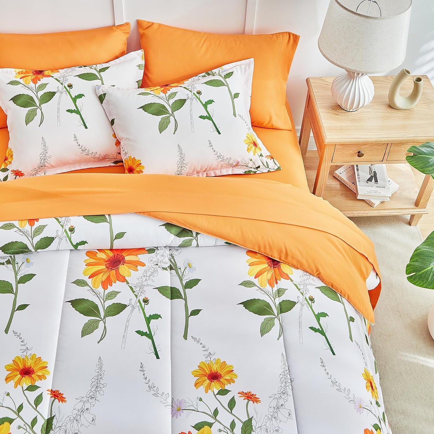 7 Piece Bed in a Bag King, Floral Comforter Sheet Set, Orange n Yellow Flowers on White Design, All Season Microfiber Bedding Comforter Set