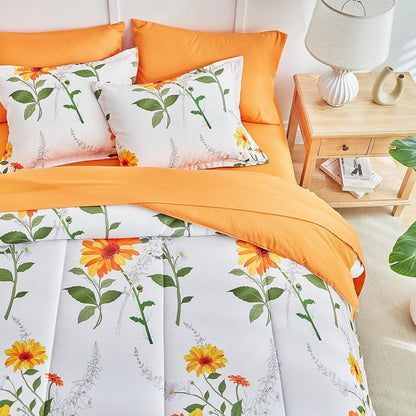 7 Piece Bed in a Bag King, Floral Comforter Sheet Set, Orange n Yellow Flowers on White Design, All Season Microfiber Bedding Comforter Set