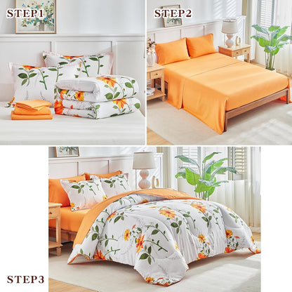 7 Piece Bed in a Bag King, Floral Comforter Sheet Set, Orange n Yellow Flowers on White Design, All Season Microfiber Bedding Comforter Set