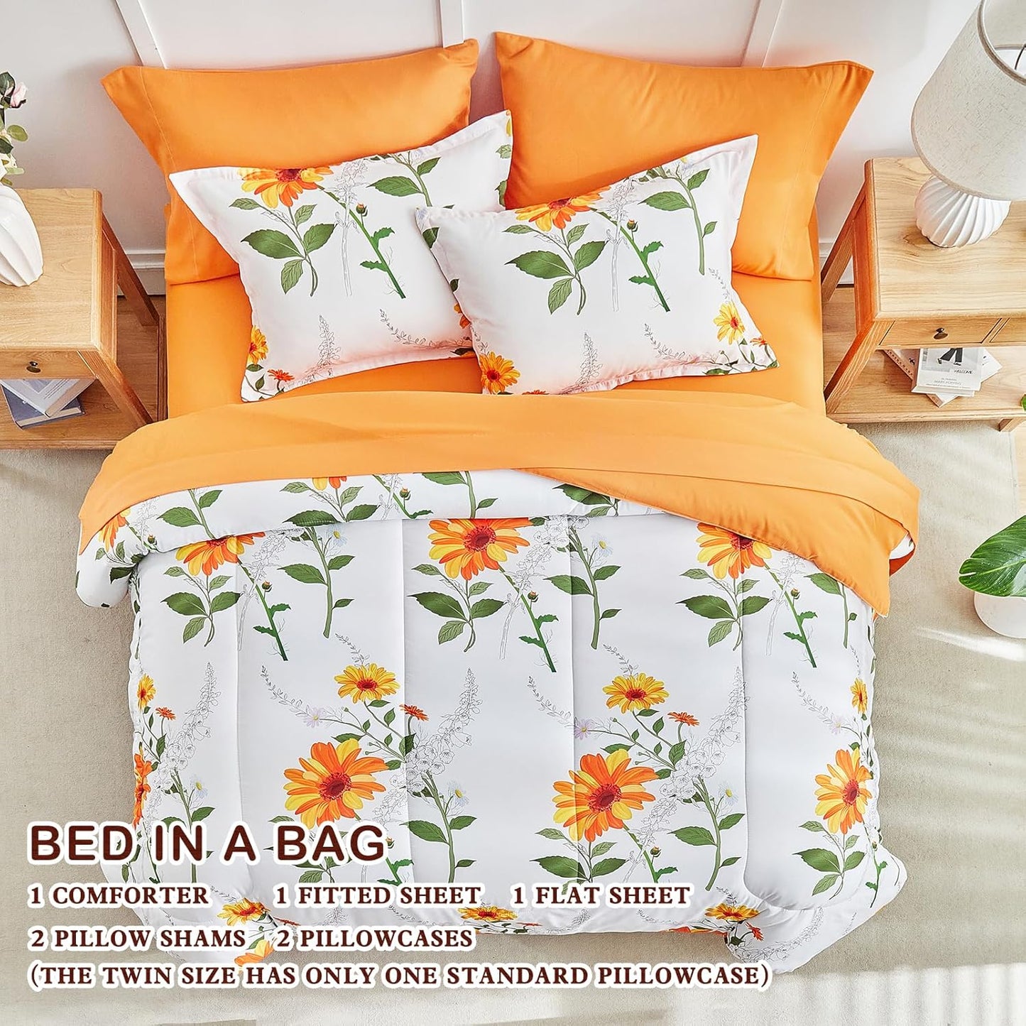 7 Piece Bed in a Bag King, Floral Comforter Sheet Set, Orange n Yellow Flowers on White Design, All Season Microfiber Bedding Comforter Set