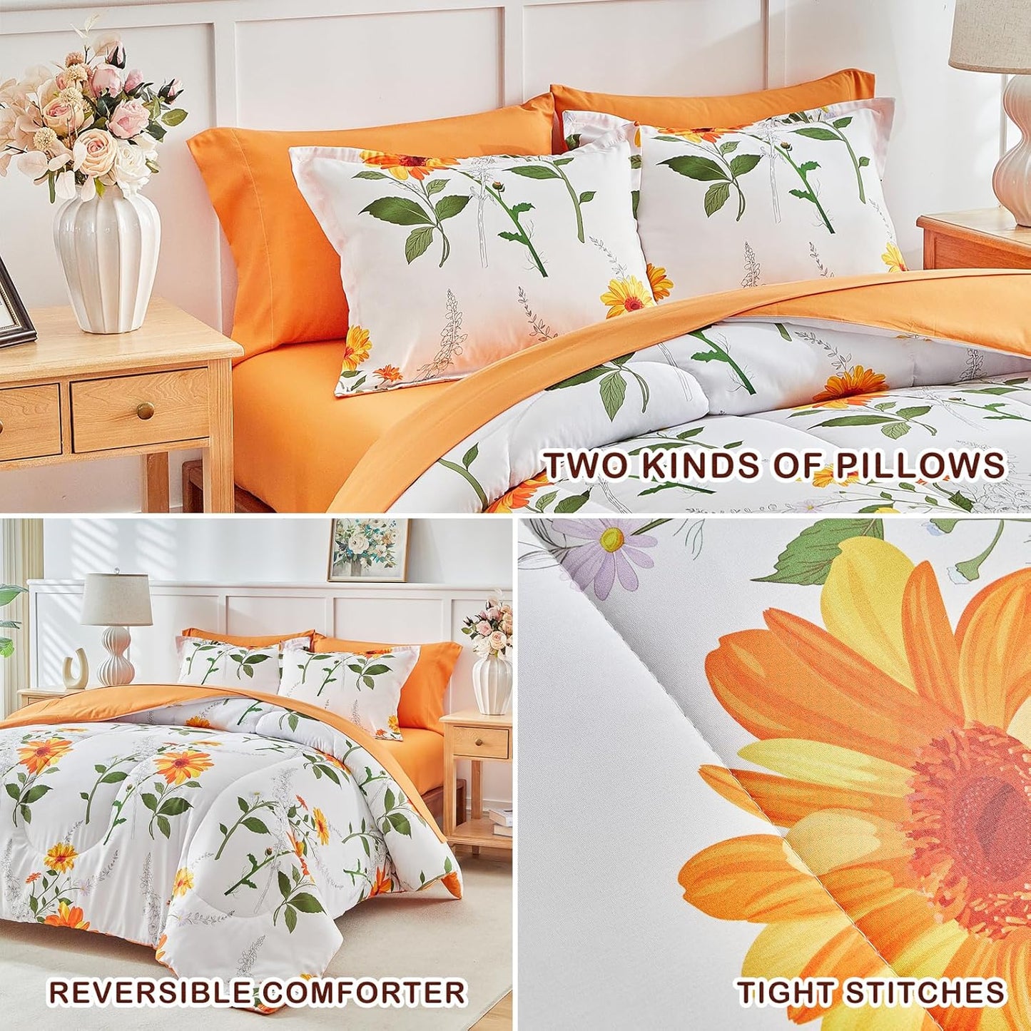 7 Piece Bed in a Bag King, Floral Comforter Sheet Set, Orange n Yellow Flowers on White Design, All Season Microfiber Bedding Comforter Set