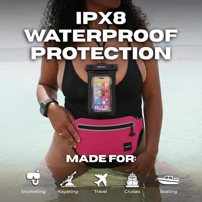 tropical vacation gear – Pink + Yellow Waterproof Fanny Pack Bundle, 2 Submersible Phone Pouches + Floating Cases