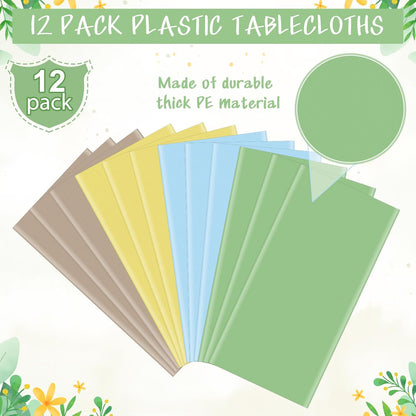 12pcs Classic Bear Blue Plastic Tablecloth Pastel Beige Rectangle Table Cloth Light Yellow Sage Green Table Cover Waterproof Tablecloths for Baby Shower Birthday Party Decorations,54 x 108 Inch