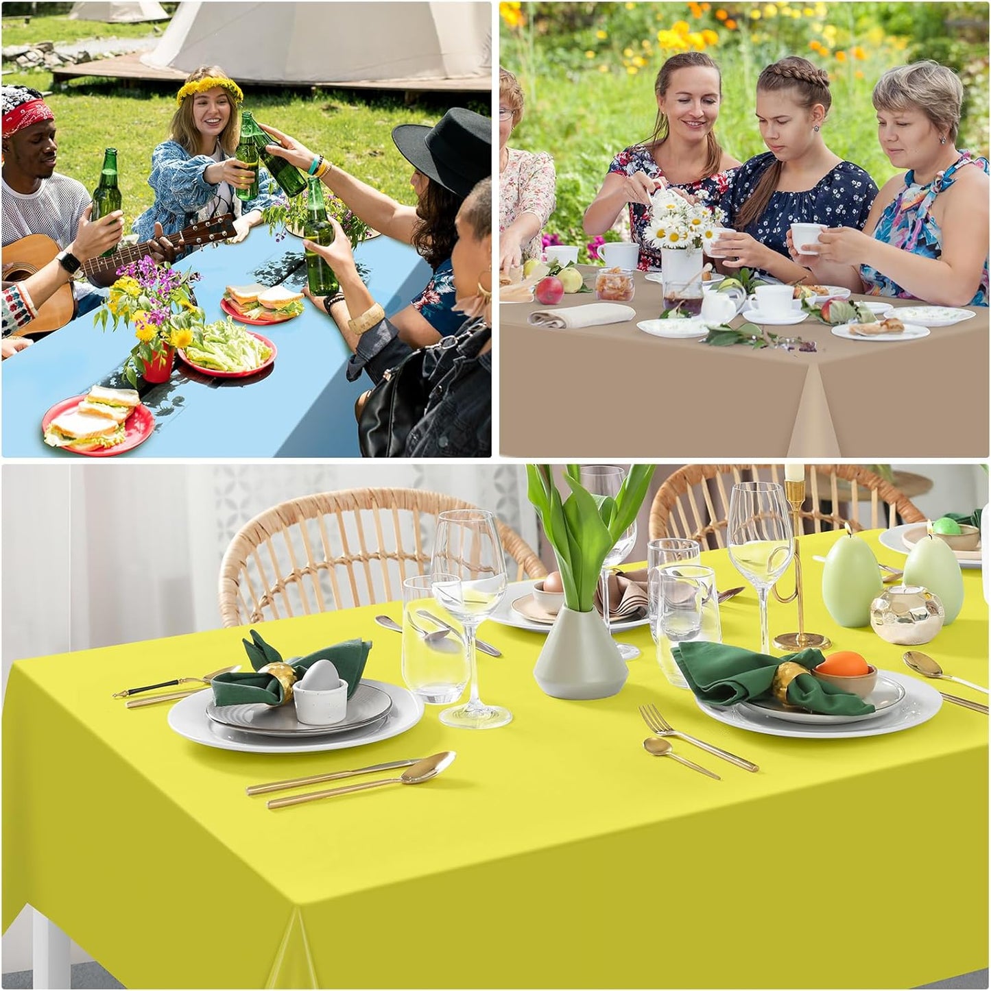 12pcs Classic Bear Blue Plastic Tablecloth Pastel Beige Rectangle Table Cloth Light Yellow Sage Green Table Cover Waterproof Tablecloths for Baby Shower Birthday Party Decorations,54 x 108 Inch