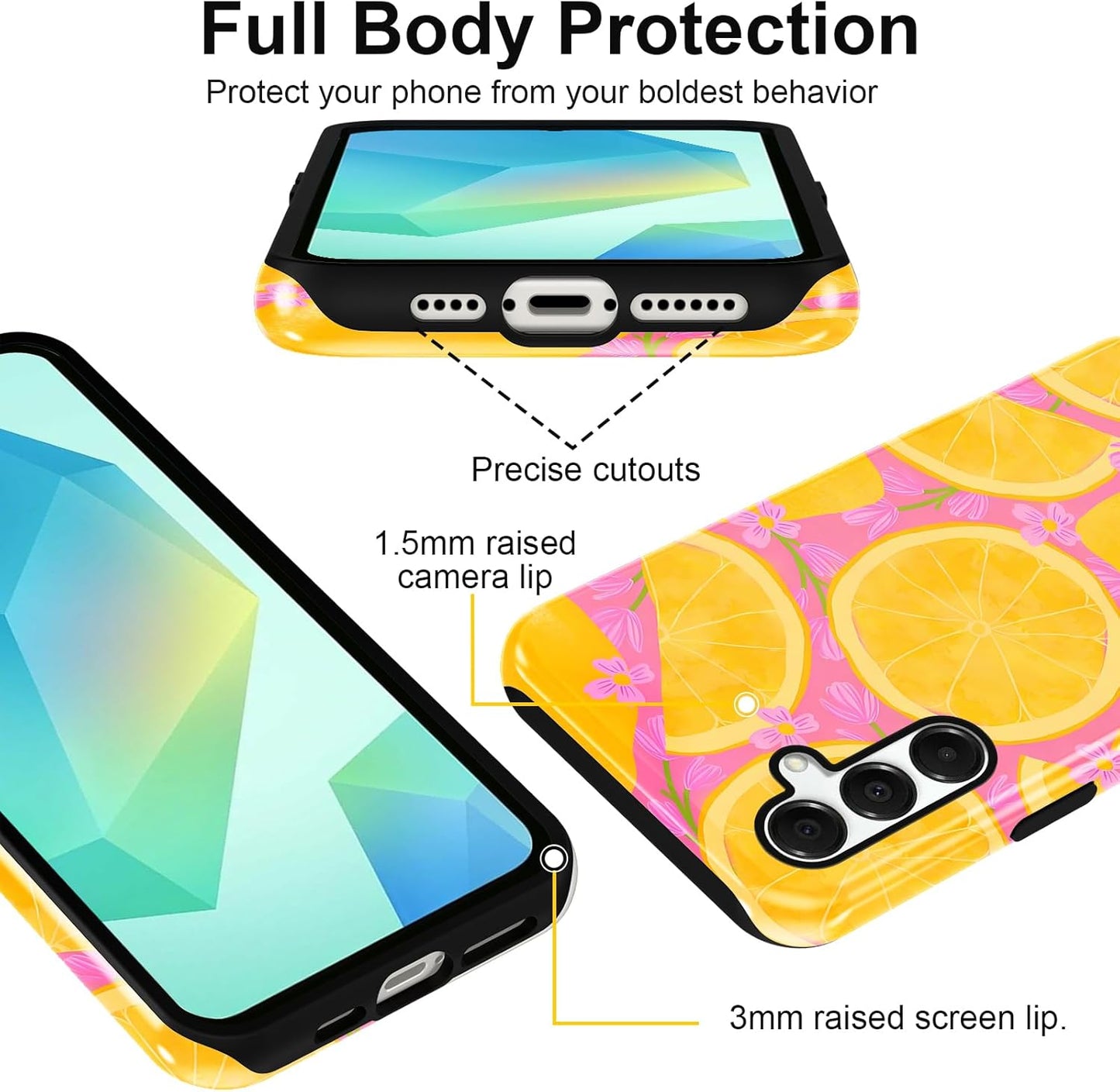 Summer Case for Samsung Galaxy A16 5G Cute Lemons, Aesthetic Flower Fruits Pattern Floral Design Phone Cover, Soft TPU Hard PC Shockproof Protective Shell for Samsung A16 5G 6,7"
