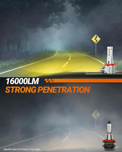 H11 LED Fog Lights Bulbs Yellow or DRL 16000LM Brightness, H16/H8 Fog Lamps 3000K Amber Light Strong Penetration, 2024 Upgrade Liquid-cooled Copper Tubing H16 Fog Lights for Truck, Pack of 2