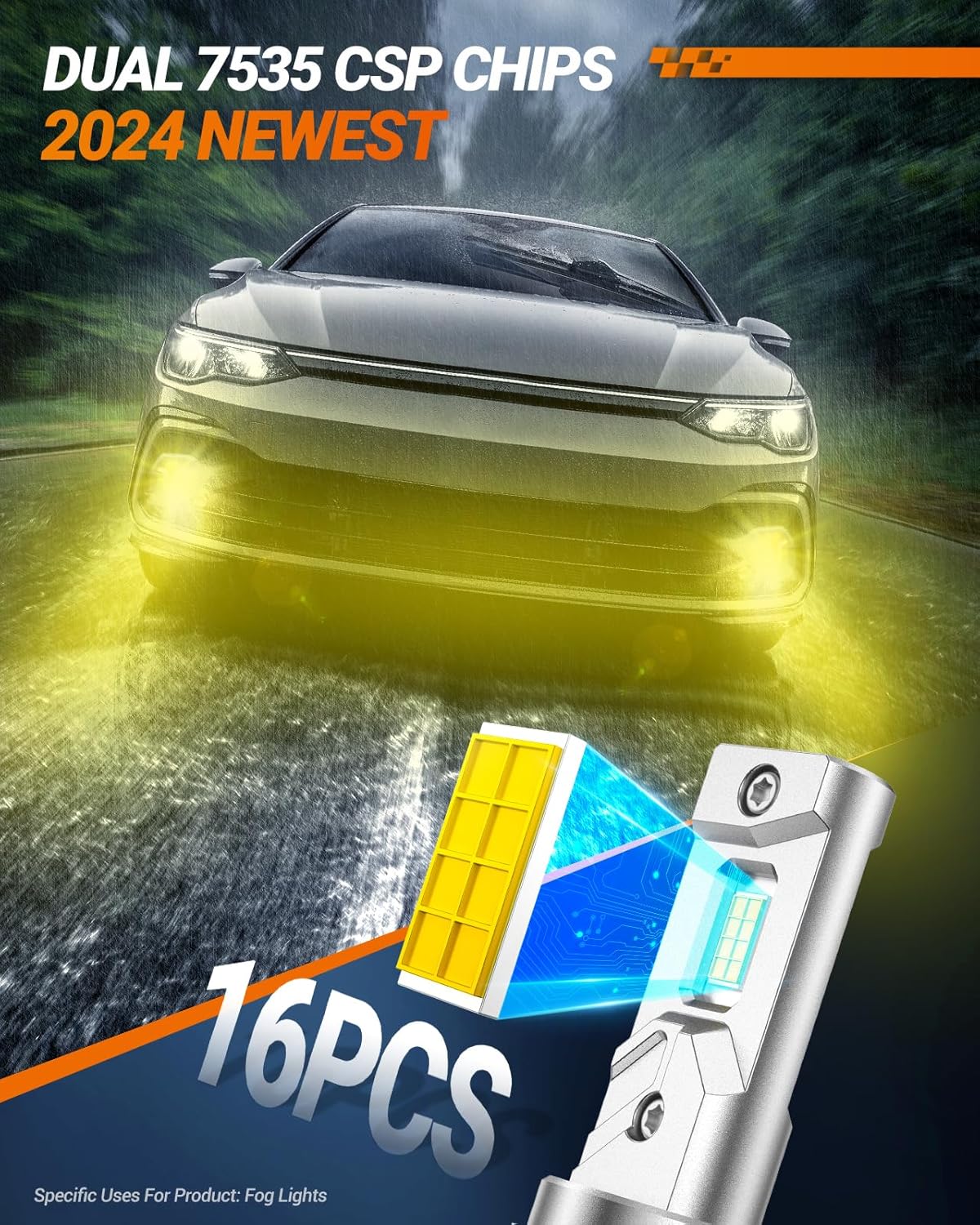 H11 LED Fog Lights Bulbs Yellow or DRL 16000LM Brightness, H16/H8 Fog Lamps 3000K Amber Light Strong Penetration, 2024 Upgrade Liquid-cooled Copper Tubing H16 Fog Lights for Truck, Pack of 2
