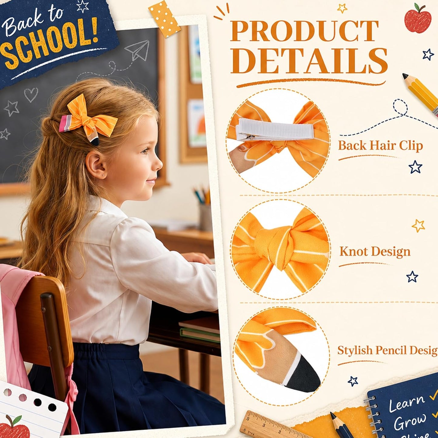 1Pair Back to School Pencil Hair Bows Clips for Girls | Yellow Pencil Hair Bows Accessories for First Day of School Outfits