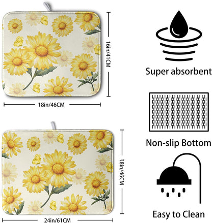 Yellow Sunflower Dish Drying Mat for Kitchen Counter Summer Daisy Floral Dishes Pad Farmhouse Flower Dish Draining Microfiber Absorbent Dish Drainer Rack Mat Large Extra Large 18x24 Inch