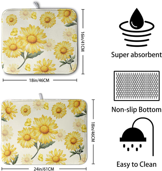 Yellow Sunflower Dish Drying Mat for Kitchen Counter Summer Daisy Floral Dishes Pad Farmhouse Flower Dish Draining Microfiber Absorbent Dish Drainer Rack Mat Large Extra Large 18x24 Inch