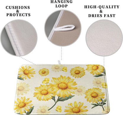 Yellow Sunflower Dish Drying Mat for Kitchen Counter Summer Daisy Floral Dishes Pad Farmhouse Flower Dish Draining Microfiber Absorbent Dish Drainer Rack Mat Large Extra Large 18x24 Inch