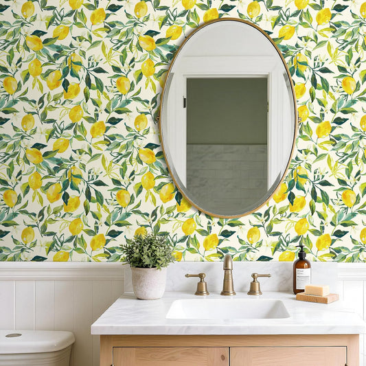 Watercolor Lemon Wallpaper Peel and Stick Cottage Core Mediterranean Citrus Lemon Wallpaper Boho Italian Countryside Fresh Coastal Citrus Green Leaf Contact Paper for Cabinets 17.5"x80"
