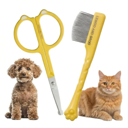 Pet Face Grooming Kit, Curved Tear Stain Comb with Fine Teeth, Round-Tip Safety Scissors, Cat Ear Design, for Dogs and Cats, Yellow, 2-Piece Set (Vibrant Yellow, cat)