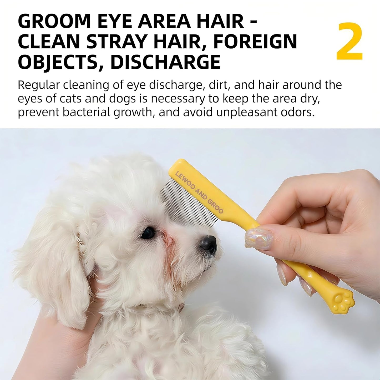 Pet Face Grooming Kit, Curved Tear Stain Comb with Fine Teeth, Round-Tip Safety Scissors, Cat Ear Design, for Dogs and Cats, Yellow, 2-Piece Set (Vibrant Yellow, cat)