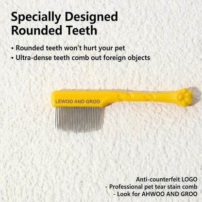 Pet Face Grooming Kit, Curved Tear Stain Comb with Fine Teeth, Round-Tip Safety Scissors, Cat Ear Design, for Dogs and Cats, Yellow, 2-Piece Set (Vibrant Yellow, cat)
